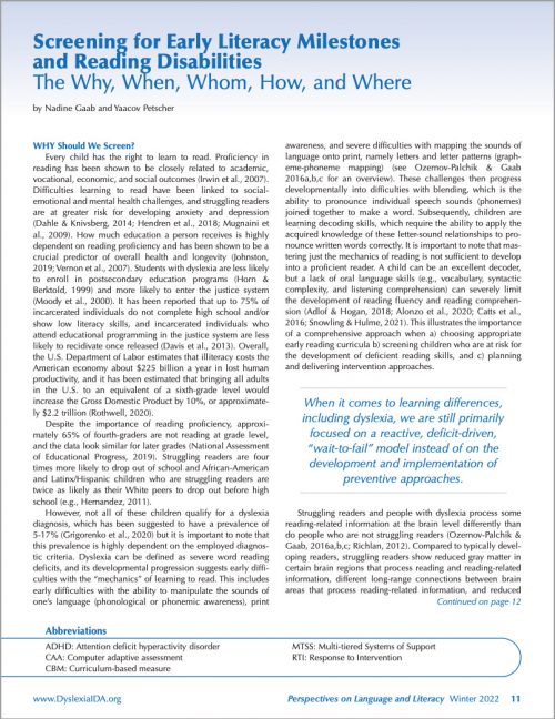 Screening for Early Literacy Milestones and Reading Disabilities